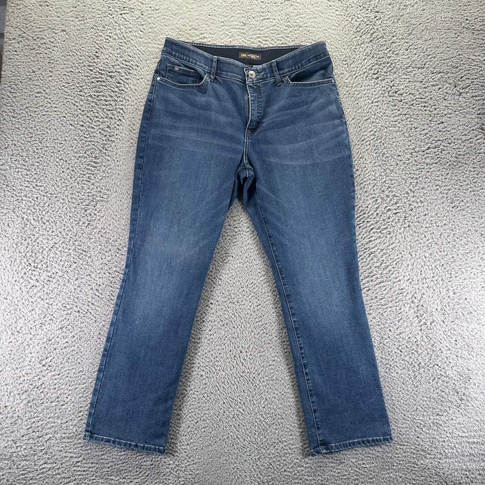 Lee Flex Motion Jeans Women 14 Blue Cotton Denim Straight Mid Rise Faded Stretch